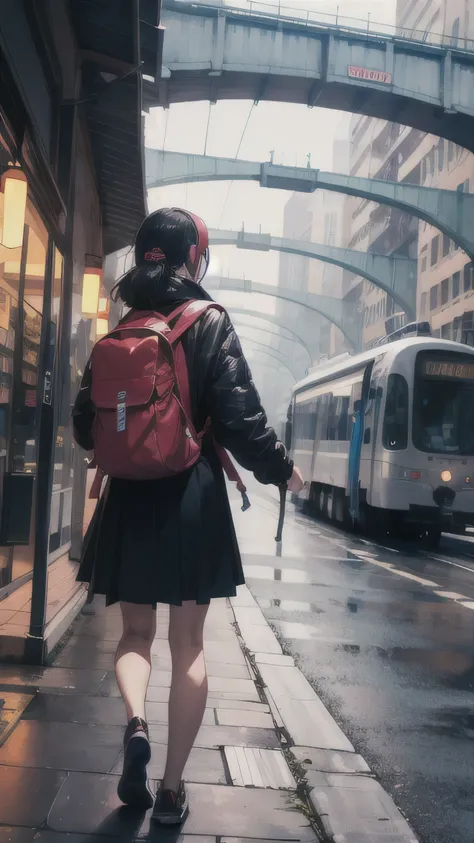 1 girl solo, traveling, alone, wearing backpack, and headphone 