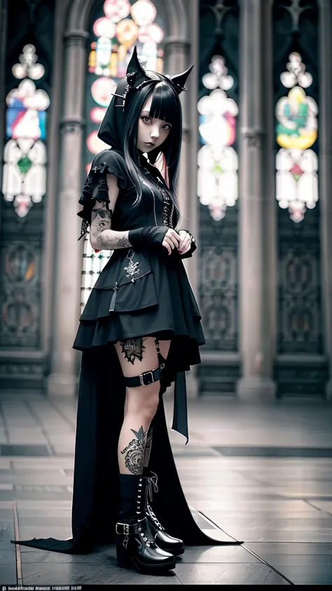 full body, goth_punk, 1girl, solo,  looking at viewer, In a gothic cathedral, a hooded figure conjured dark magic with intricate details, the detailed linework of the stained glass windows illuminating the moody scene   