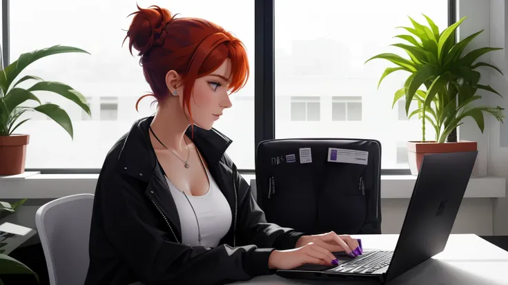 "A woman with auburn hair tied in a messy bun with dark purple accents works intently on her laptop at a minimalist desk. She wears a white tank top layered with an unzipped black jacket. The room is bright and modern, with a large window letting in natura...