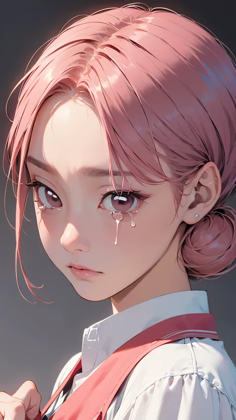  1 girl、solo、 short hair、 double bun、 Pink Hair、 brown eyes、uniform、tears、regrettable