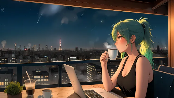 "A young woman with green hair tied in a ponytail sits on a chair on a rooftop balcony, gazing up at the starry night sky. She is dressed in a black tank top and blue jeans, her posture relaxed yet thoughtful. A laptop is open on the small table beside her...