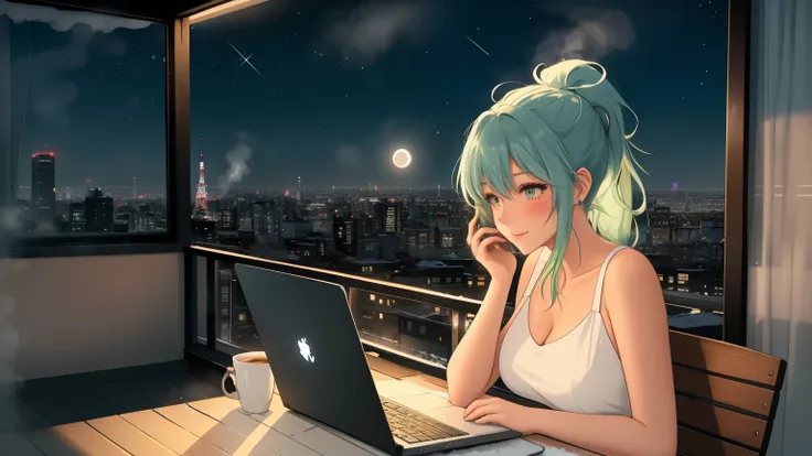 "A woman with green hair tied in a ponytail sits on a chair on a rooftop balcony, gazing up at the starry night sky. She is dressed in a black tank top and blue jeans, her posture relaxed yet thoughtful. A laptop is open on the small table beside her, and ...