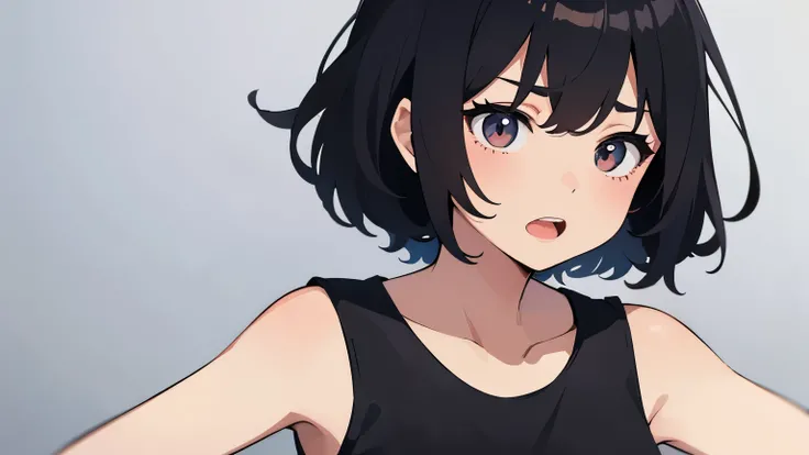 A cute girl with black hair wearing a tank top. Only one person in the illustration. Plain background. Bust-up illustration. Opening mouth