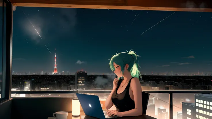 "A woman with green hair tied in a ponytail sits on a chair on a rooftop balcony, gazing up at the starry night sky. She is dressed in a black tank top and blue jeans, her posture relaxed yet thoughtful. A laptop is open on the small table beside her, and ...