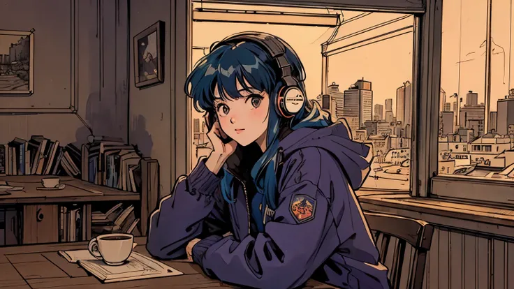 80s anime style:  Overview of a beautiful 21-year-old girl with long blue hair in a dimly lit room at night . Sitting at the table with books ,  wearing headphones and loose parka . café, relax.  Gentle face looking at the viewer . Full body visible in rel...