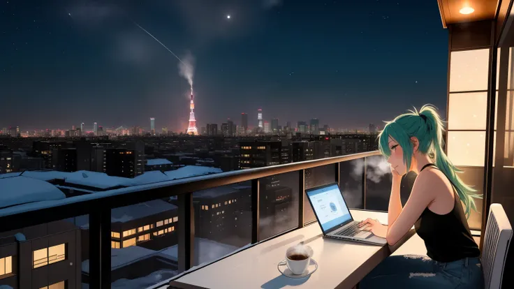"A woman with green hair tied in a ponytail sits on a chair on a rooftop balcony, gazing up at the starry night sky. She is dressed in a black tank top and blue jeans, her posture relaxed yet thoughtful. A laptop is open on the small table beside her, and ...