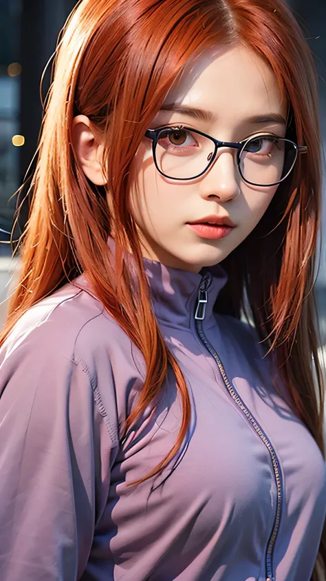 1girl, Solo, Karin Uzumaki(Naruto theme), Purple clothes, Long Hair, Red Eyes, Red Hair, Glasses, Medium Breasts, Looking at viewer, Close-Up, Realistic 