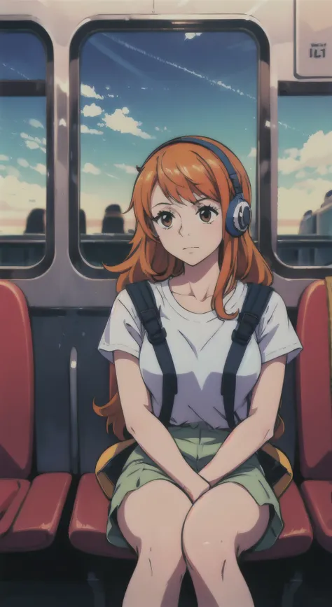 1 girl solo, orange hair, traveling by train, seating on seat, alone, wearing backpack, and headphone, vivid colors, beautiful sky, vibrant colors, High Resolution, Long Hair, Masterpiece, Best Quality, HD, High Details, looking at sky, bright colors