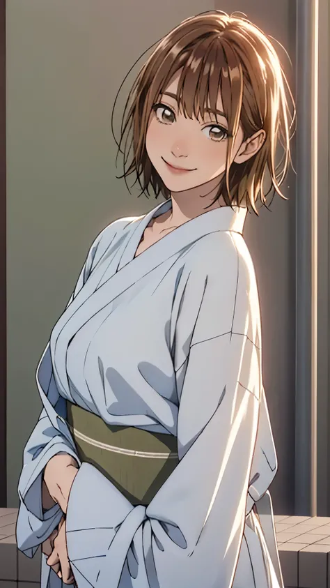 Kano Chinatsu 、 white yukata、 gentle smile、 upper body
