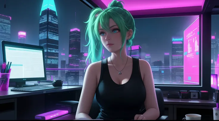 "A woman with green hair tied in a ponytail is sitting in front of a computer, her hands actively typing on the keyboard as she focuses intently on coding. She is wearing a pink tank top and black leggings, her posture relaxed yet engaged, reflecting her d...