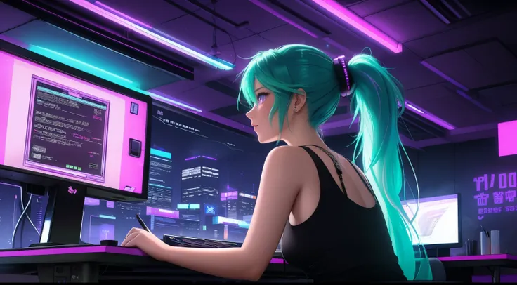 "A woman with green hair tied in a ponytail is sitting in front of a computer, her hands actively typing on the keyboard as she focuses intently on coding. She is wearing a pink tank top and black leggings, her posture relaxed yet engaged, reflecting her d...