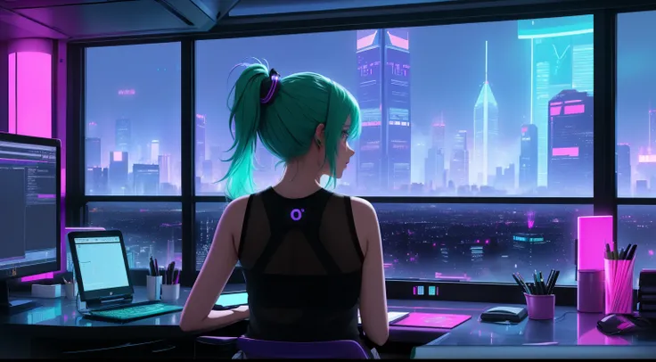 "A woman with green hair tied in a ponytail is sitting in front of a computer, her hands actively typing on the keyboard as she focuses intently on coding. She is wearing a pink tank top and black leggings, her posture relaxed yet engaged, reflecting her d...