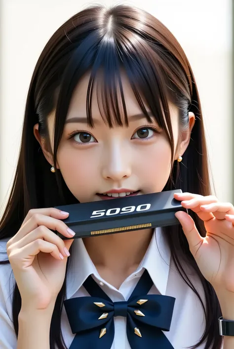 Japanese schoolgirl, NVIDIA RTX 4090 GPU held in mouth, playful demeanor, high-res, realistic, 5090 in bubble, detailed, soft light background.