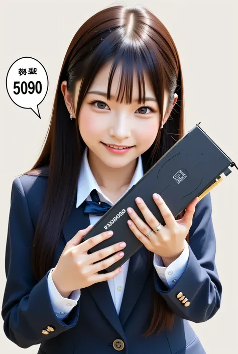 "Japanese schoolgirl in a long-sleeved uniform, holding an NVIDIA RTX 4090 GPU, looking happy, high-resolution, realistic, with a speech bubble saying 5090 in English"