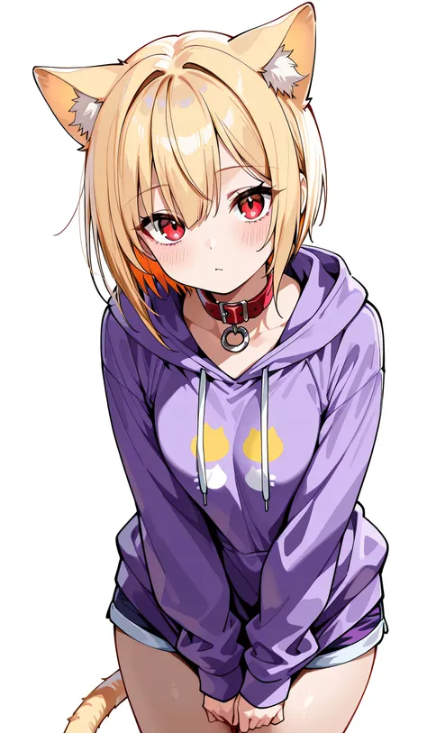 best quality、8k、 highres icon、 One Girl 、バストアップ、Alone、Blonde, Shorthair, short hair 、 cat ears the same color as hair
BREAK
red eyes, red eyes
BREAK
Black collar , purple hoodie , hotpants, white background 