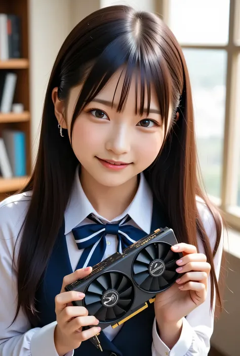 Japanese schoolgirl, long-sleeved uniform, holding NVIDIA RTX 4090 GPU, looking happy, realistic, detailed background, natural lighting, high resolution