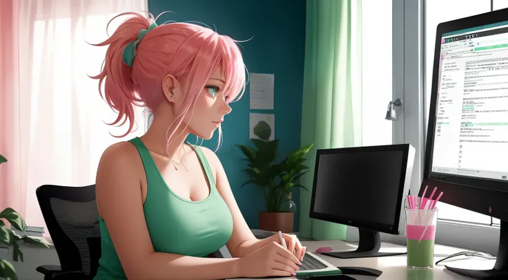 "A woman with pastel green and pink hair tied up in a messy ponytail is seated at her workspace, coding on a dual-monitor setup. She is wearing a black tank top and matching leggings, sitting on a sleek gaming chair with pink accents. The room is modern, w...