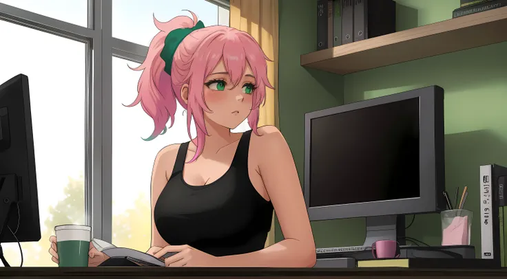 "A woman with pastel green and pink hair tied up in a messy ponytail is seated at her workspace, coding on a dual-monitor setup. She is wearing a black tank top and matching leggings, sitting on a sleek gaming chair with pink accents. The room is modern, w...