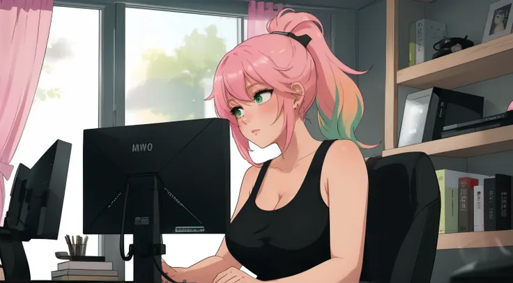 "A woman with pastel green and pink hair tied up in a messy ponytail is seated at her workspace, coding on a dual-monitor setup. She is wearing a black tank top and matching leggings, sitting on a sleek gaming chair with pink accents. The room is modern, w...