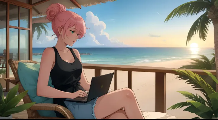 "A woman with pastel green and pink hair styled in a messy bun sits on a wicker chair on a balcony overlooking a peaceful beach at dusk. She wears a black tank top and denim shorts, her posture relaxed but engaged as she types on her laptop. The table besi...