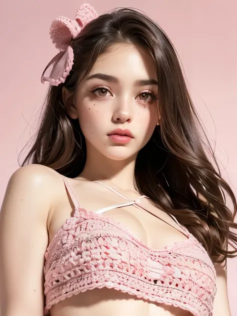 Beautiful girl; (Brown hair, with a nice bow); (honey colored eyes, pretty eyes, big eyes, big eyelashes and thin cute eyebrows, full lips, Cupid and Heart shaped lips, small lips, pink and pretty lips); (pale white skin with pink tones; freckles and moles...