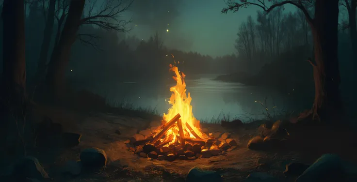 campfire, near a body of water, like a lake or a waterfall. No greenary. Dnd artstyle, digital illustration. 8k resolution. In a night time setting. with a campfire. upclose shot, with background in sight. front view. Dark forest, empty, greenish blue yell...