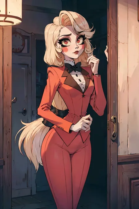 ass, ass focus, Charlie, pretty girl, cute face, sparkling eyes, sweet expression, from behind, cute natural ass, soft smile, looking at viewer, lovely,kawaii background,  redSuit, White skin, rosy cheek, blonde ankle-length hair,  twice-banded ponytail wi...