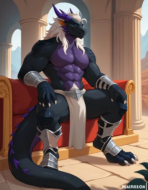 Solo, male Anthro dragon, black scalies, black body, black skin, scalies, purple chest, purple belly, long white hair, blue eyes, athletic, I am Night-Ice hybrid dragon with black scales and black skin but on my chest and belly scales is purple, Athletic b...