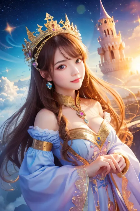  high image quality,  real, cute faces ,  cute faces , beautiful woman、 beautiful girl、Artistic、 mysterious in another dimension、 fantastic、Fantastic、 Castle Above The Clouds、 glittering costume 、 Buddhas Realm、Flying High School Girl