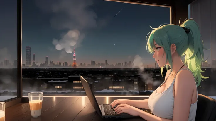 "A woman big breast with green hair tied in a ponytail sits on a chair on a rooftop balcony, gazing up at the starry night sky. She is dressed in a black tank top and blue jeans, her posture relaxed yet thoughtful. A laptop is open on the small table besid...