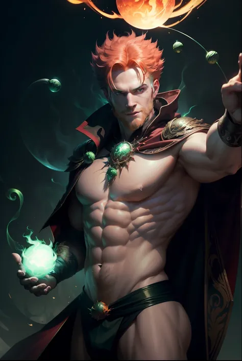 
masculine,  masterpiece ,  hyperrealistic image of a sexy 30-year-old albino male ,  red hair , wearing black sorcerer robes ,  panties dental floss,  seductive pose ,  arcane glowing and magical sigils , ((( juggling large glowing green fireballs between...