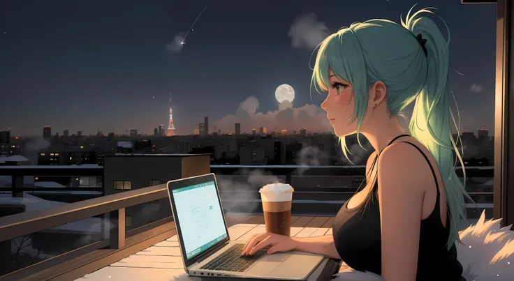 "A woman big breast with green hair tied in a ponytail sits on a chair on a rooftop balcony, gazing up at the starry night sky. She is dressed in a black tank top and blue jeans, her posture relaxed yet thoughtful. A laptop is open on the small table besid...