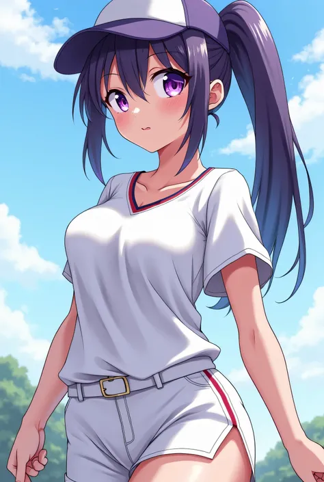 Japanese animation style、High school girl、white city clothes 、 Baseball Cap 、left pitcher、Dark Purple Long Hair、single ponytail、 purple pupils、 plump breasts 