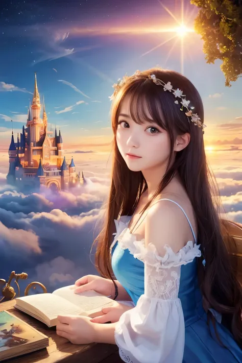  high image quality,  real, cute faces ,  cute faces , beautiful woman、 beautiful girl、Artistic、 mysterious in another dimension、 fantastic、Fantastic、 Castle Above The Clouds、1人の beautiful girl、Sparkling sunrise、Fallen Goddess Realm 、 High School Girls Stu...