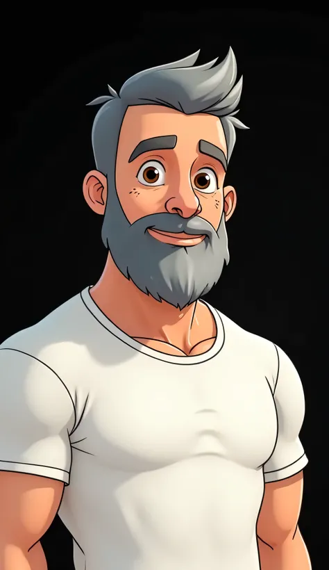  Cartoon character of a man with very short gray hair,  closed gray beard , 70 kilograms with muscles ,  small ears ,  some freckles on the face , brown eyes, white round neck t-shirt ,  black background