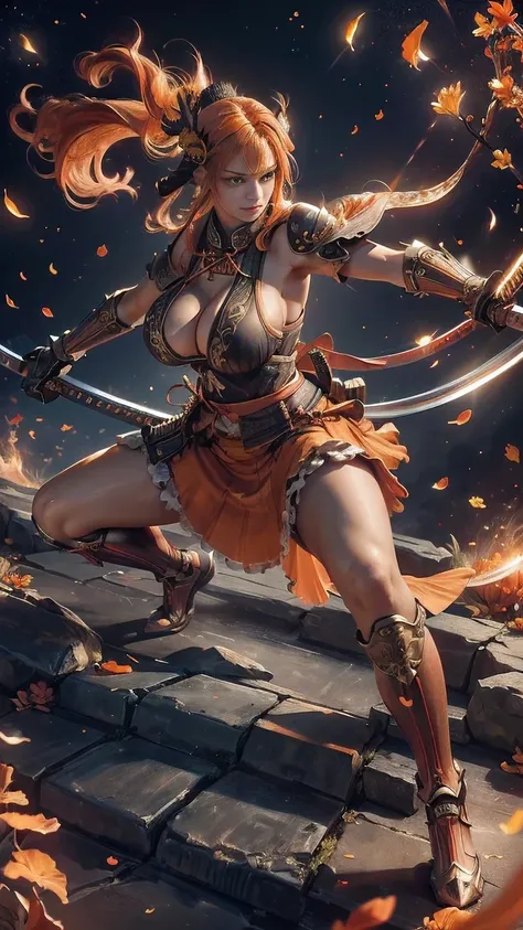  young woman, warrior,Combat Stance, ((wielding a katana_weapon:1.8)),  very detailedな, realisti,(light smile),((from front)),((  Looking at the Subject from Below :1.2)), ((Crouching and standing up,  feet :1.3)),  Brilliant Appearance , Creative Action, ...