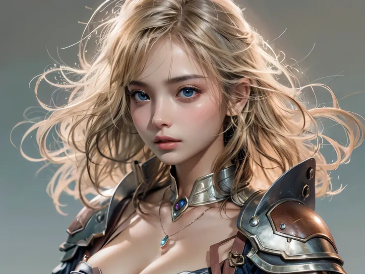 masterpiece, top quality , 8k,  Photorealistic ,  high res,  1 girl, Alone, ( detail face ),  blondes, Transcendental Beautiful Girl , gem、 princess, glowing skin,A breastplate that is perfectly shaped to the shape of the chest and is made entirely of meta...