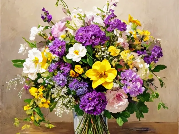 An oil painting of a bouquet featuring February birth flowers, including rich purple violets, delicate yellow freesias, soft pastel primroses, and fluffy golden mimosa blossoms. The composition is lush and elegant, with a harmonious blend of colors and tex...