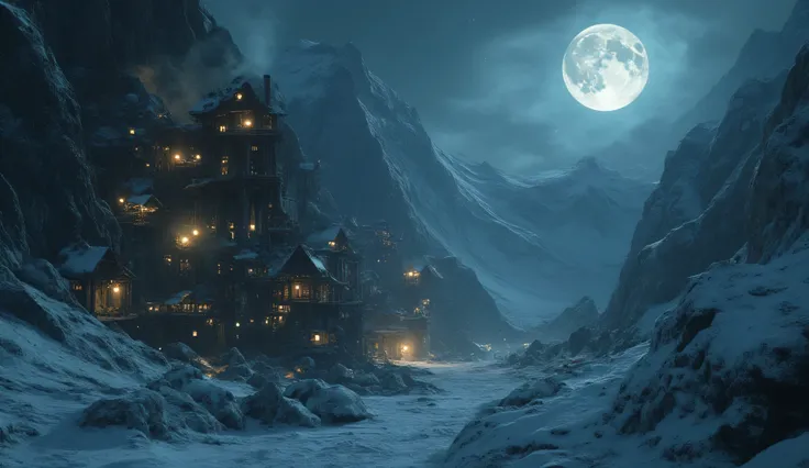 High snowy mountains, among which stands a colossal factory of dwarfs. Nearby, the mountains are full of gold ore, which is mined by hundreds of thousands of dwarves. ,large pipes and smoke from them. Night, bright moon. Snowstorm.