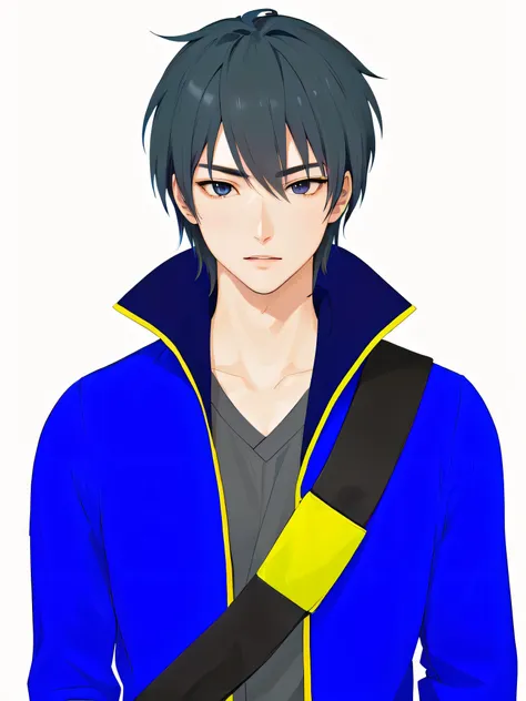 a young man with piercing black eyes, wearing a blue jacket and yellow belt, highly detailed anime style character, masamune shiro, nobutaka ike, 1 male anime character, (best quality,4k,8k,highres,masterpiece:1.2),ultra-detailed,(realistic,photorealistic,...