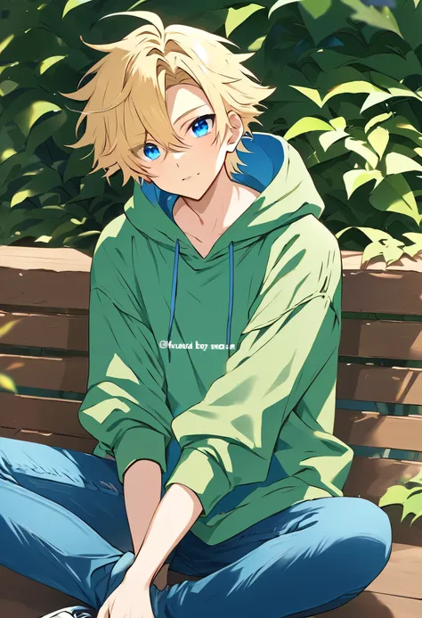 Male + blonde hair + blue eyes + green hoodie + blue jeans + adult + solo