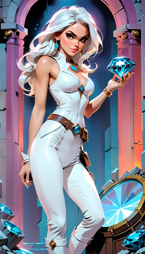 a fantasy epic illustration (Julie Bell style: 1.5)) of a woman thief holding a large diamond in a vault, a female thief,  full body, with (cat ears: 1.2), dynamic hair color, dynamic hair style,  ultra detailed face, wearing white leather leotard, white l...