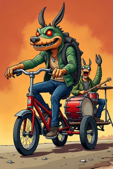 I want a cartoon-style poster with stubborn Scorpion characters where the vocalist is stubborn and is riding a tricycle that is pulled by a scorpion and the tricycle carries a cart where the drums and the drummer are playing 
