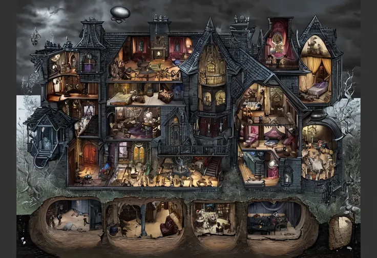   rooms, Evil Villain&#39;s Lair,   Steampunk Village Castle  , mansions of madness ,  inspired by Anton Peake ,  complex from Baldors Gate, Super Detailed Haunted House , Adams, gothic mansion , Spooky Mansion,  Giger and Jacek Jelka ,   very detailed ,  ...