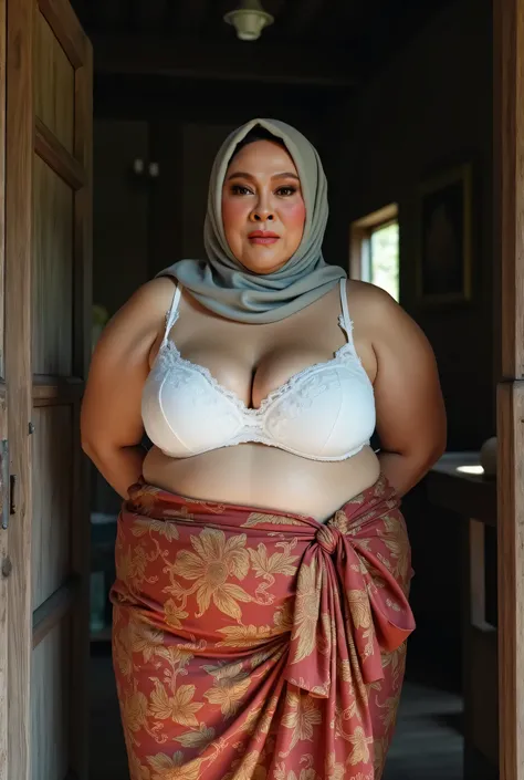 BBW GIGANTIC BIGGER, (((HIJAB MALAY GIRL))), masutepiece, High quality, UHD 32K, Realistic face, Realistic skin feeling , A Malay Lady, , , ((Very cute and baby-like face)), (((FLAT CHEST))), (RUMAH KAYU LAMA), ((look In front  at the camera and SADNESS)),...