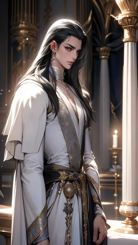 in bad shape，solo，8k,best qualtiy,Masterpiece, Shoulder blades，Handsome face，Detailed pubic hair，dynamic angle，palace of versailles，Adonis，magnificent robe，choker necklace，Long silver-black hair，god light，