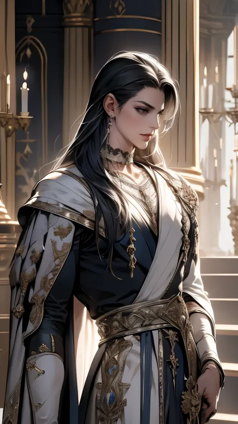 in bad shape，solo，8k,best qualtiy,Masterpiece, Shoulder blades，Handsome face，Detailed pubic hair，dynamic angle，palace of versailles，Adonis，magnificent robe，choker necklace，Long silver-black hair，god light，