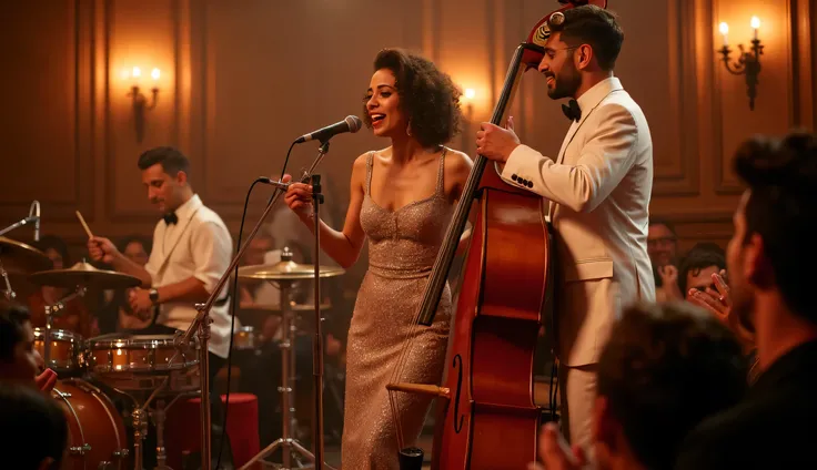 (High Quality), (Masterpiece), (Detailed), 8K, Travel back in time to a lively Italian jazz venue in the 1960s, where a 4-person white band plays live and captivates the audience. Wide front shot, (Glittering instruments1.2) shine under the warm spotlight....