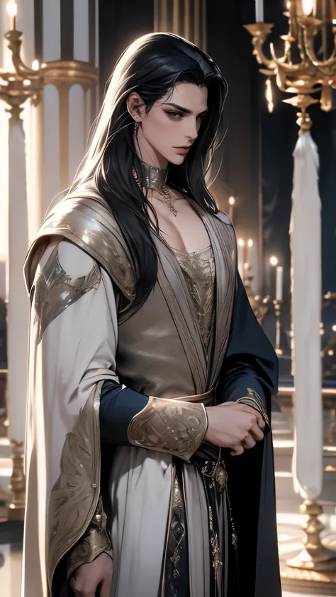 in bad shape，solo，8k,best qualtiy,Masterpiece, Shoulder blades，Handsome face，Detailed pubic hair，dynamic angle，palace of versailles，Adonis，magnificent robe，choker necklace，Long silver-black hair，god light，