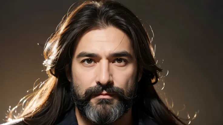 Create a man with a middle-aged appearance, long hair and long dark brown beards looking straight into the camera. 